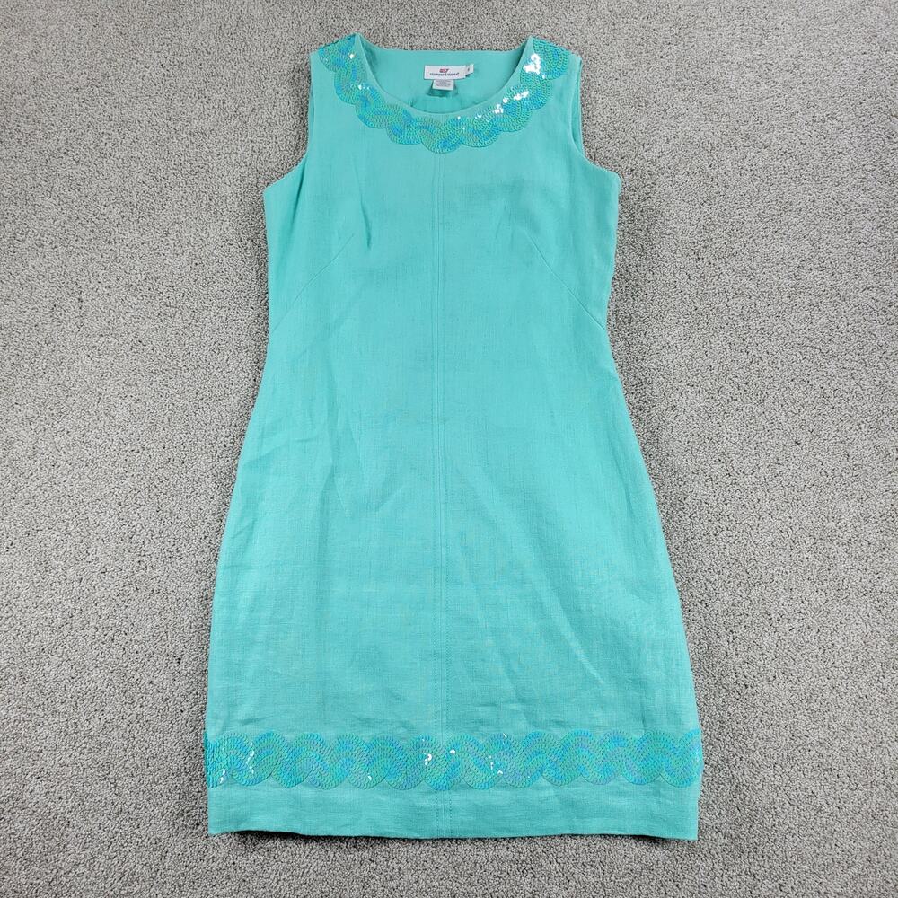 Vineyard Vines Sequin Dress Women 0 Teal Sleeveless Zippered Closure Sheath